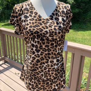 New York & Company Leopard Print V-Neck Short Sleeve Tee - Tan/Black/White